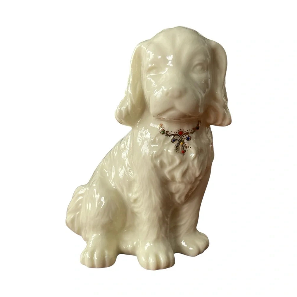 Vtg Cocker Spaniel Porcelain Dog Beige Gold Jeweled Collar Back Accents 4.5